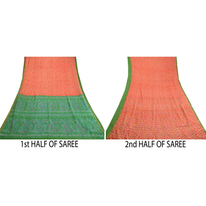 Sanskriti Vintage Sarees Red Pure Silk Printed Zari Border Sari 5yd Craft Sustainable Fabric