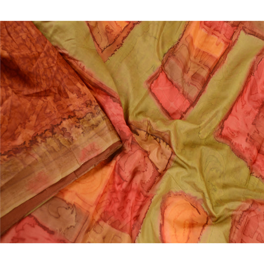 Sanskriti Vintage Sarees From India Brown Pure Silk Printed Sari Craft Sustainable Fabric