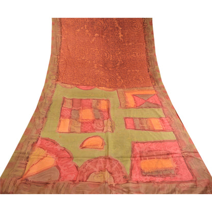 Sanskriti Vintage Sarees From India Brown Pure Silk Printed Sari Craft Sustainable Fabric