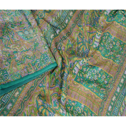 Sanskriti Vintage Sarees Indian Green 100% Pure Silk Printed Sari Craft Sustainable Fabric
