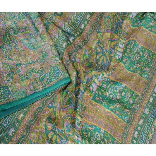 Sanskriti Vintage Sarees Indian Green 100% Pure Silk Printed Sari Craft Sustainable Fabric
