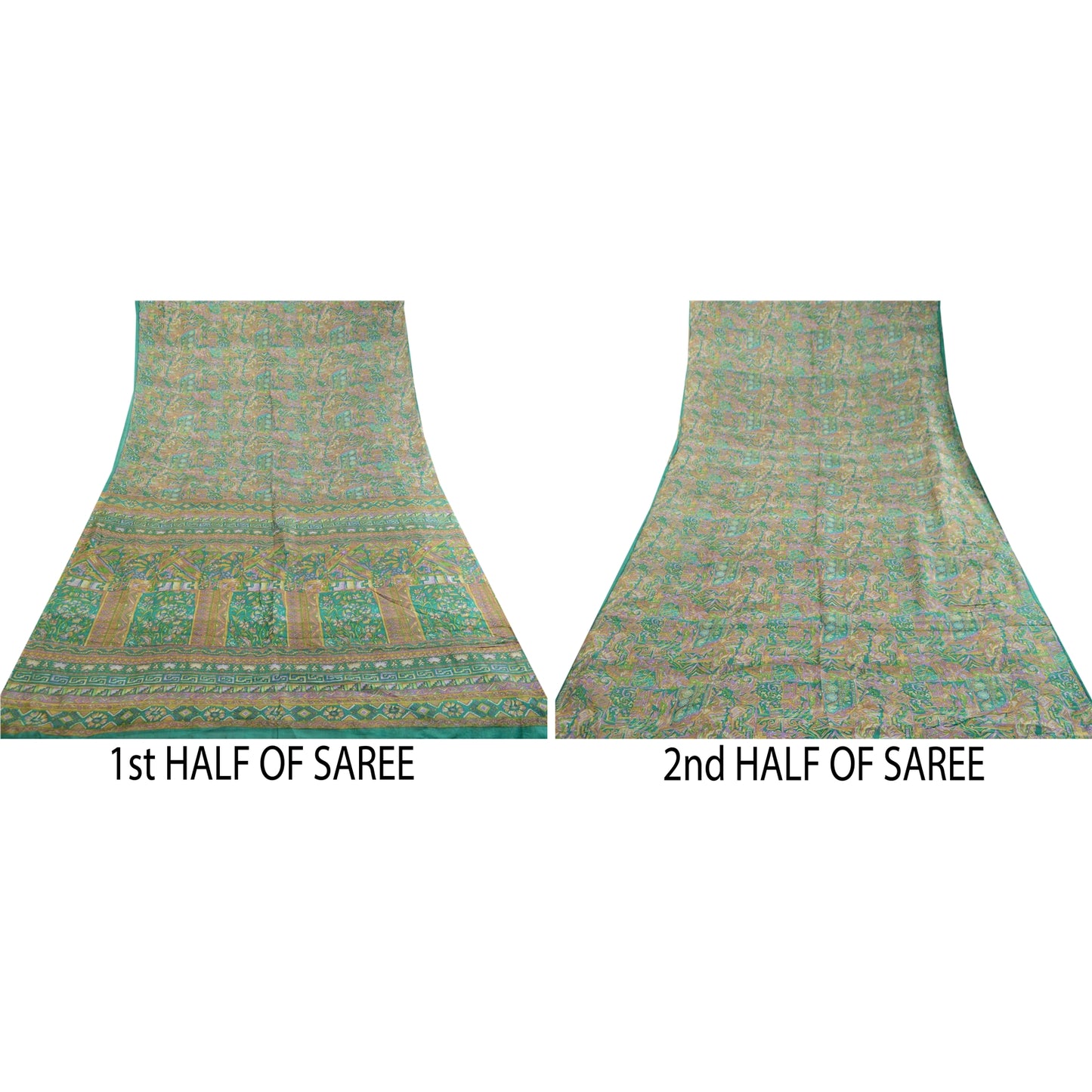 Sanskriti Vintage Sarees Indian Green 100% Pure Silk Printed Sari Craft Sustainable Fabric