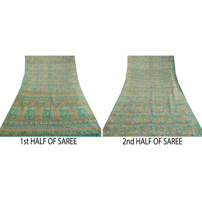 Sanskriti Vintage Sarees Indian Green 100% Pure Silk Printed Sari Craft Sustainable Fabric