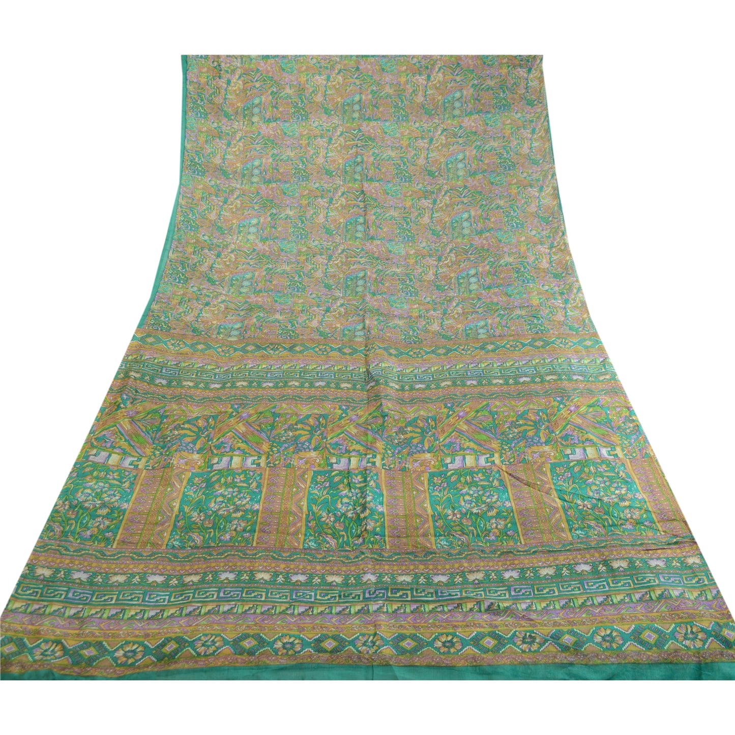 Sanskriti Vintage Sarees Indian Green 100% Pure Silk Printed Sari Craft Sustainable Fabric