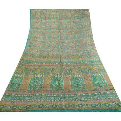 Sanskriti Vintage Sarees Indian Green 100% Pure Silk Printed Sari Craft Sustainable Fabric