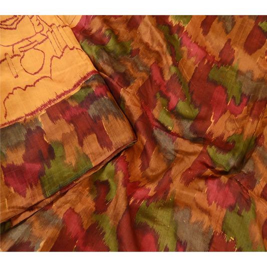 Sanskriti Vintage Sarees Yellow Abstract Printed Pure Silk Sari 5YD Craft Sustainable Fabric