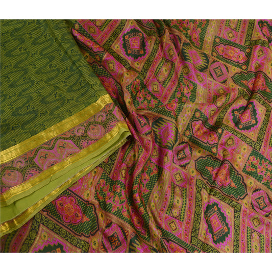 Sanskriti Vintage Sarees Green Pure Silk Printed Sari Zari Border Craft Sustainable Fabric