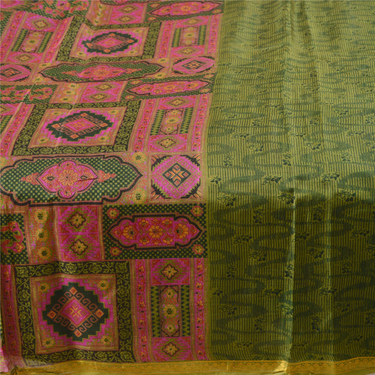 Sanskriti Vintage Sarees Green Pure Silk Printed Sari Zari Border Craft Sustainable Fabric