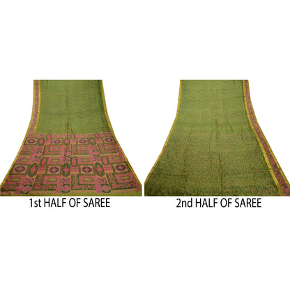Sanskriti Vintage Sarees Green Pure Silk Printed Sari Zari Border Craft Sustainable Fabric