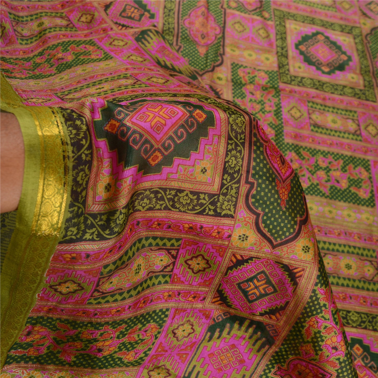 Sanskriti Vintage Sarees Green Pure Silk Printed Sari Zari Border Craft Sustainable Fabric