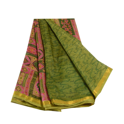 Sanskriti Vintage Sarees Green Pure Silk Printed Sari Zari Border Craft Sustainable Fabric
