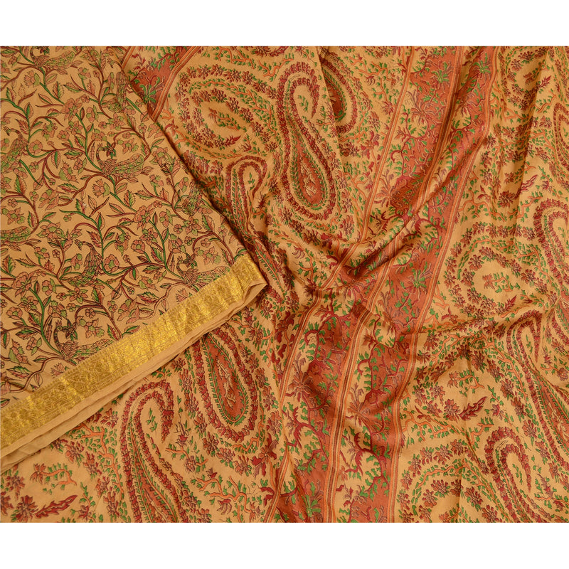 Sanskriti Vintage Sarees Caramel Pure Silk Printed Zari Border Sari Craft Sustainable Fabric