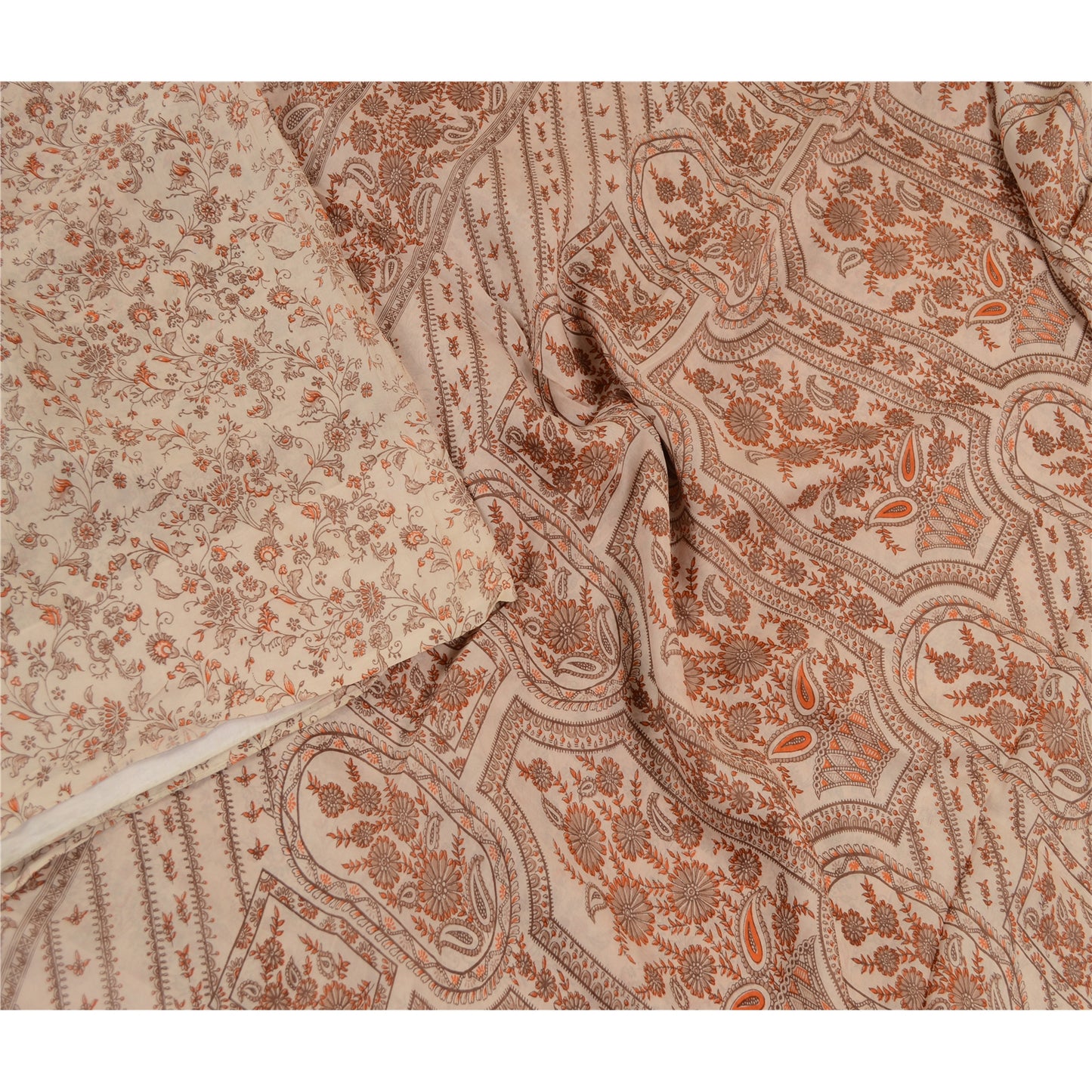 Sanskriti Vintage Sarees Ivory 100% Pure Silk Printed Sari Floral Craft Sustainable Fabric