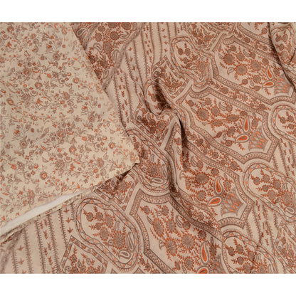 Sanskriti Vintage Sarees Ivory 100% Pure Silk Printed Sari Floral Craft Sustainable Fabric