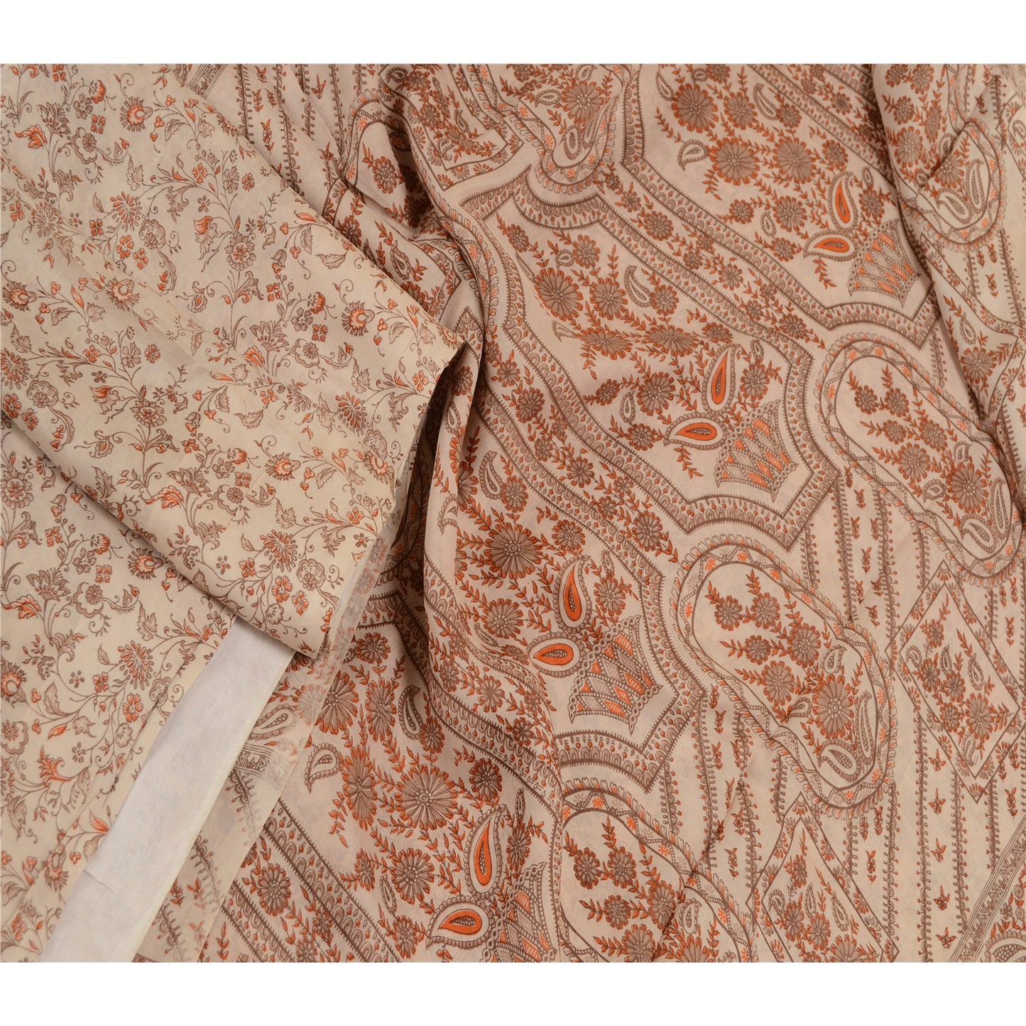 Sanskriti Vintage Sarees Ivory 100% Pure Silk Printed Sari Floral Craft Sustainable Fabric