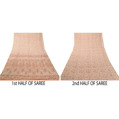 Sanskriti Vintage Sarees Ivory 100% Pure Silk Printed Sari Floral Craft Sustainable Fabric