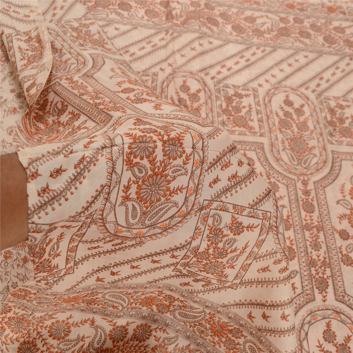 Sanskriti Vintage Sarees Ivory 100% Pure Silk Printed Sari Floral Craft Sustainable Fabric