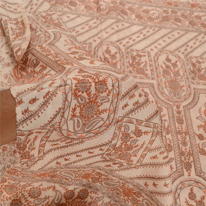 Sanskriti Vintage Sarees Ivory 100% Pure Silk Printed Sari Floral Craft Sustainable Fabric