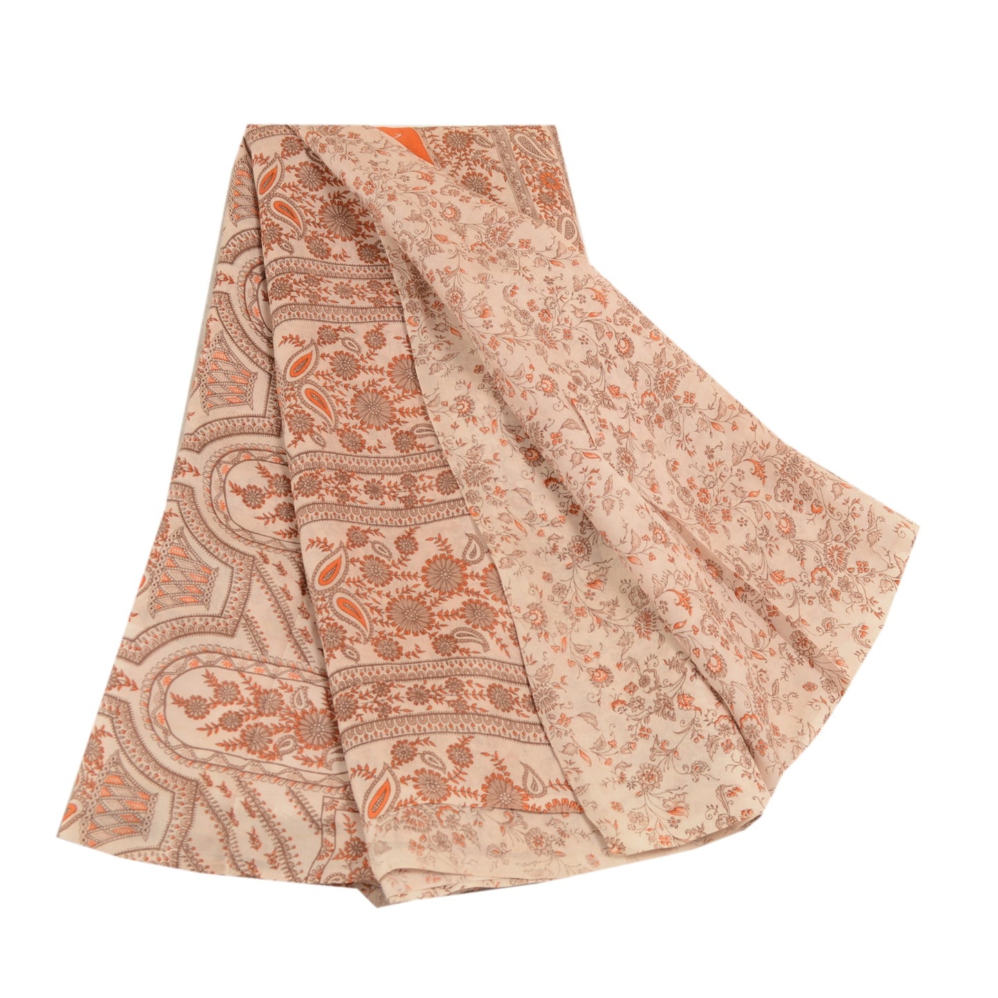 Sanskriti Vintage Sarees Ivory 100% Pure Silk Printed Sari Floral Craft Sustainable Fabric