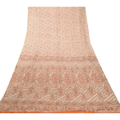 Sanskriti Vintage Sarees Ivory 100% Pure Silk Printed Sari Floral Craft Sustainable Fabric