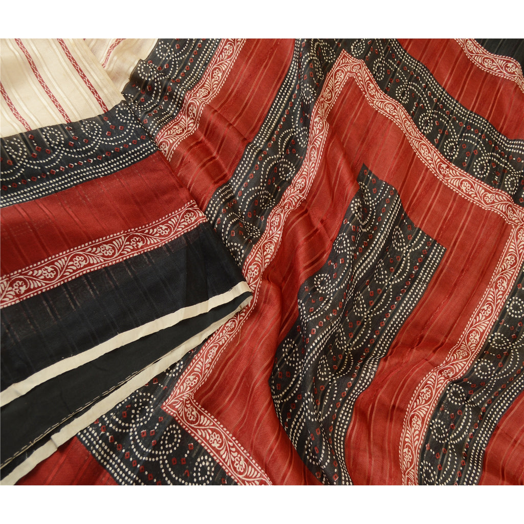 Sanskriti Vintage Sarees Cream Hand Block Printed Pure Silk Sari Craft Sustainable Fabric