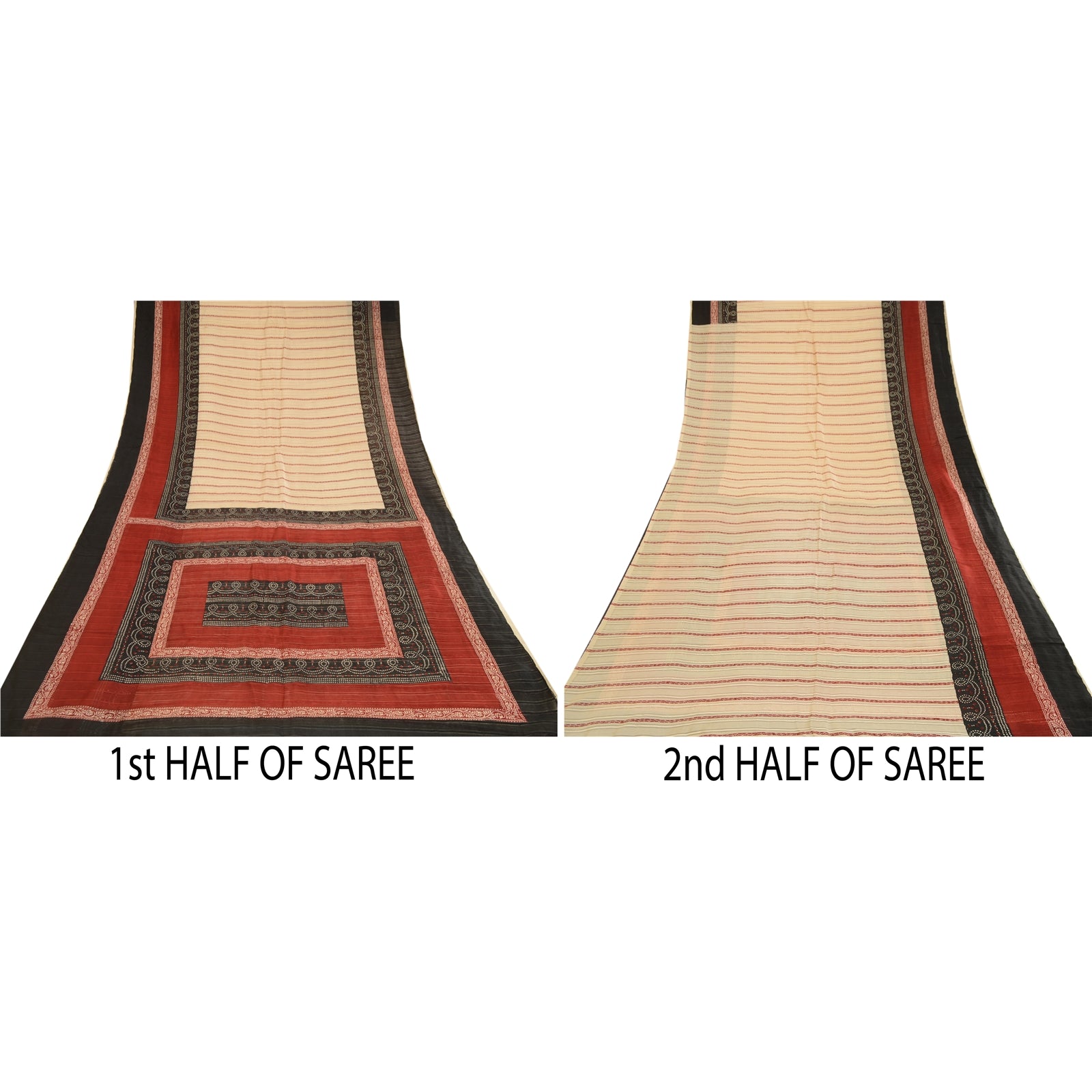 Sanskriti Vintage Sarees Cream Hand Block Printed Pure Silk Sari Craft Sustainable Fabric