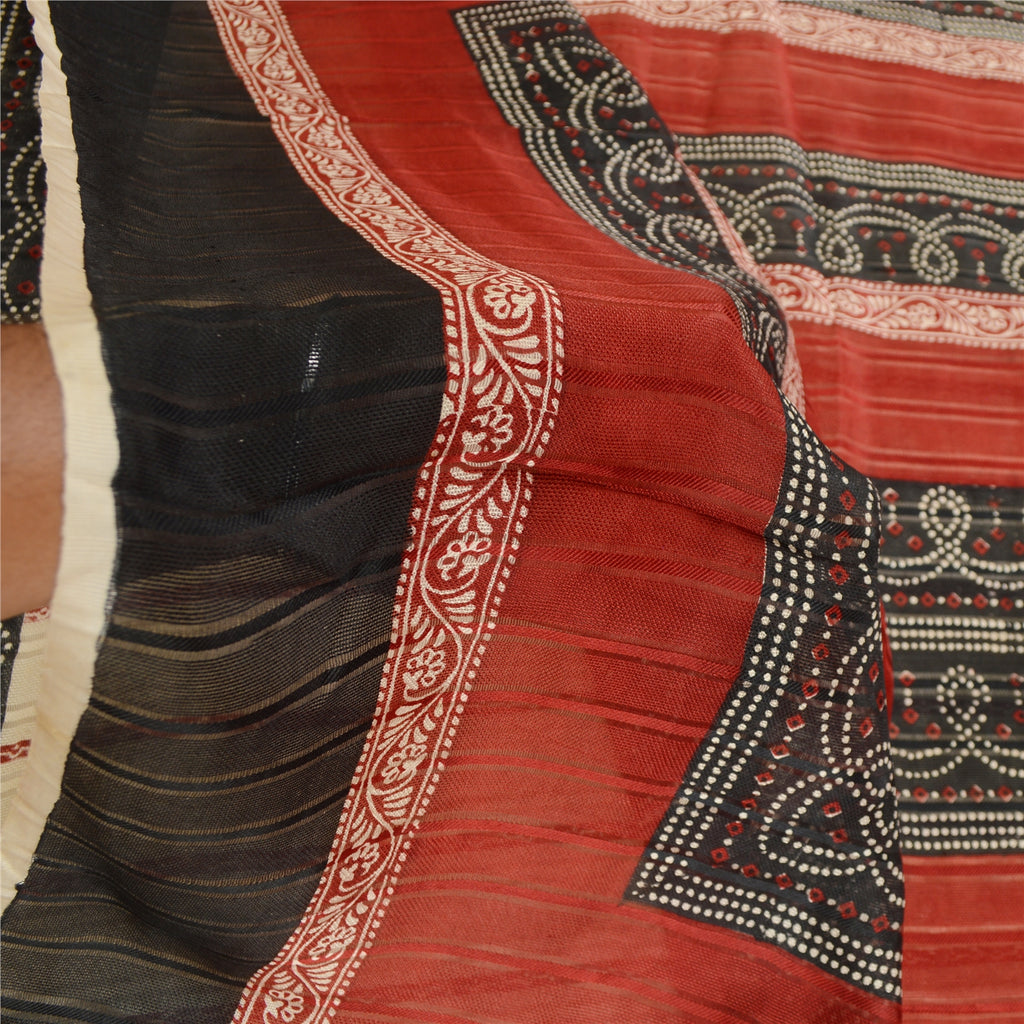 Sanskriti Vintage Sarees Cream Hand Block Printed Pure Silk Sari Craft Sustainable Fabric