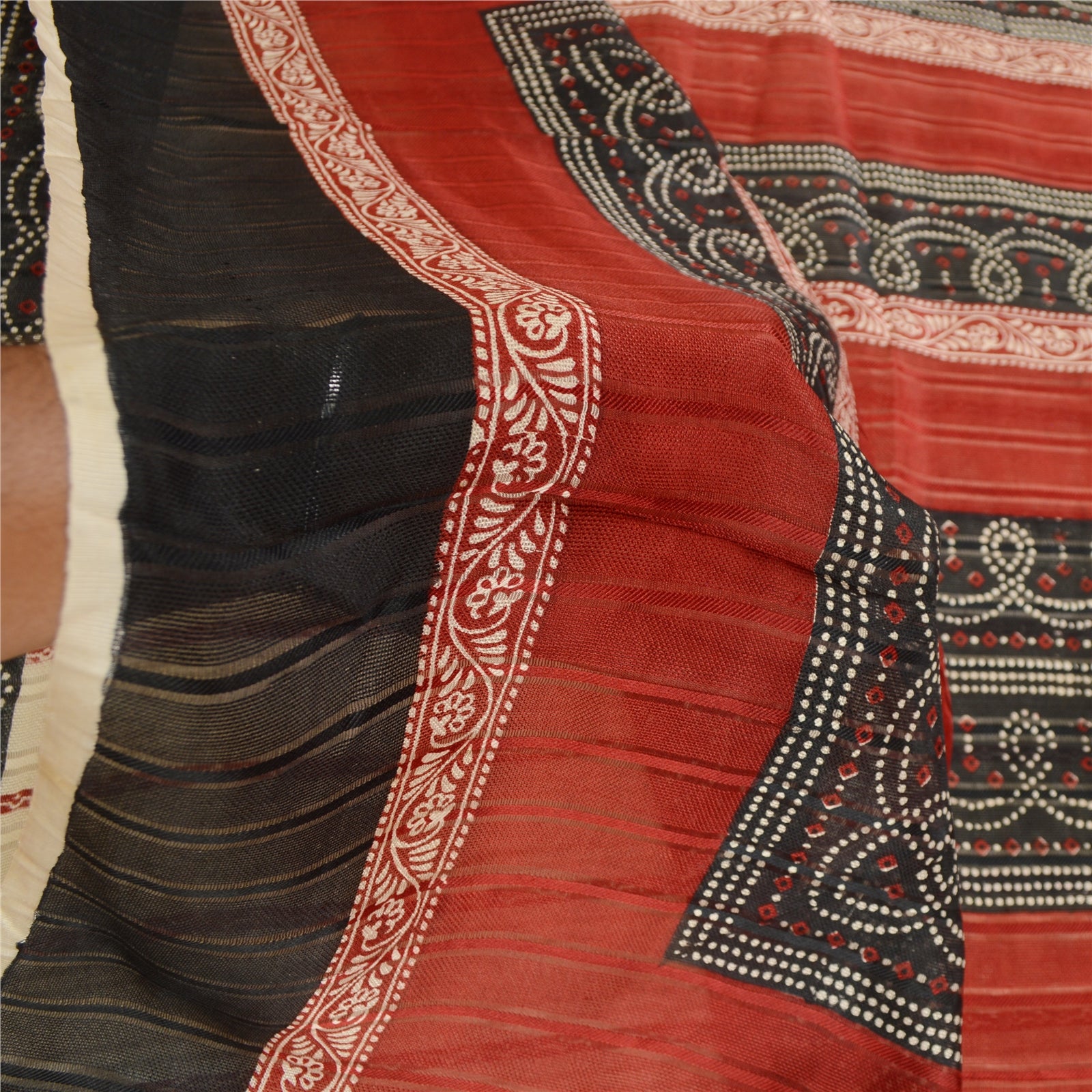 Sanskriti Vintage Sarees Cream Hand Block Printed Pure Silk Sari Craft Sustainable Fabric