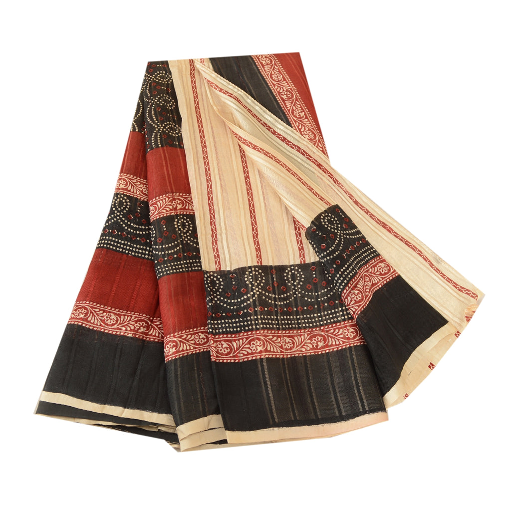 Sanskriti Vintage Sarees Cream Hand Block Printed Pure Silk Sari Craft Sustainable Fabric
