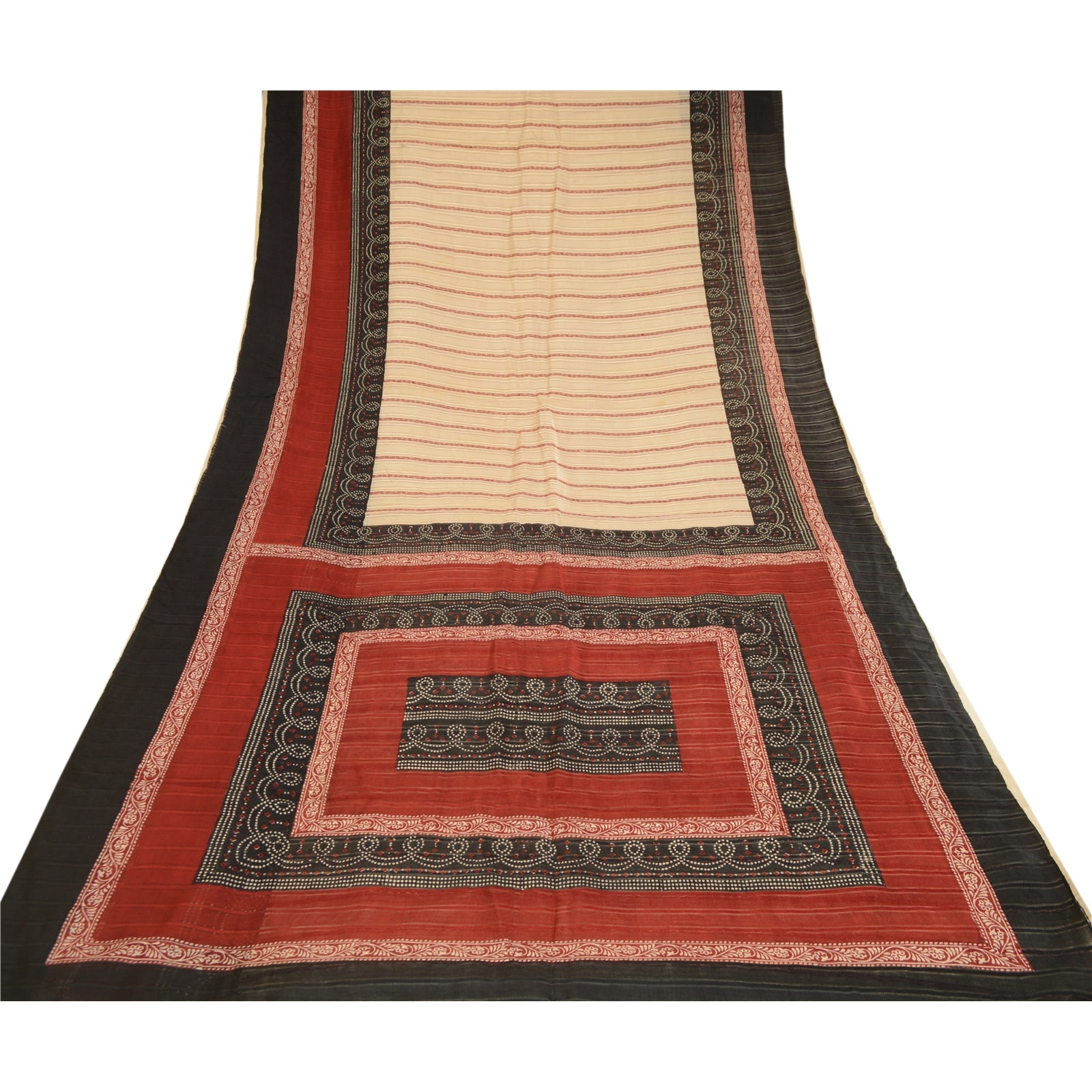 Sanskriti Vintage Sarees Cream Hand Block Printed Pure Silk Sari Craft Sustainable Fabric