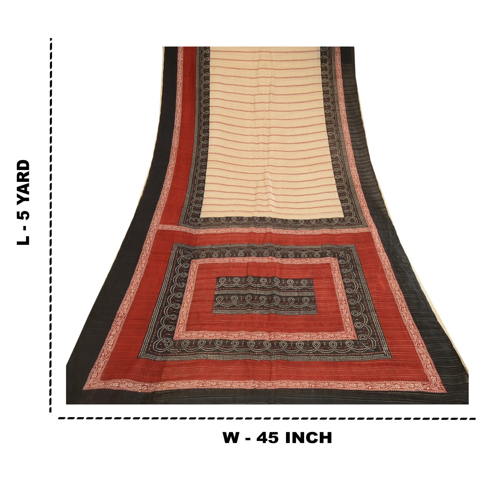 Sanskriti Vintage Sarees Cream Hand Block Printed Pure Silk Sari Craft Sustainable Fabric