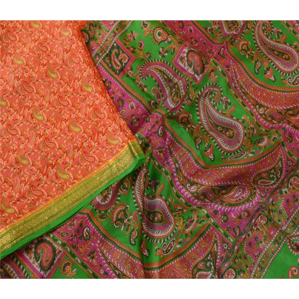 Sanskriti Vintage Sarees Orange Printed Pure Silk Zari Border Sari Craft Sustainable Fabric