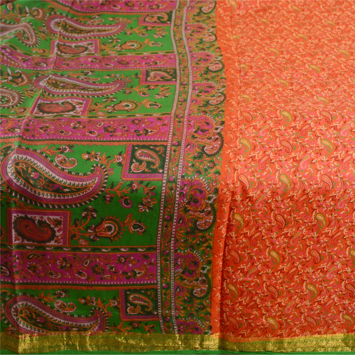 Sanskriti Vintage Sarees Orange Printed Pure Silk Zari Border Sari Craft Sustainable Fabric