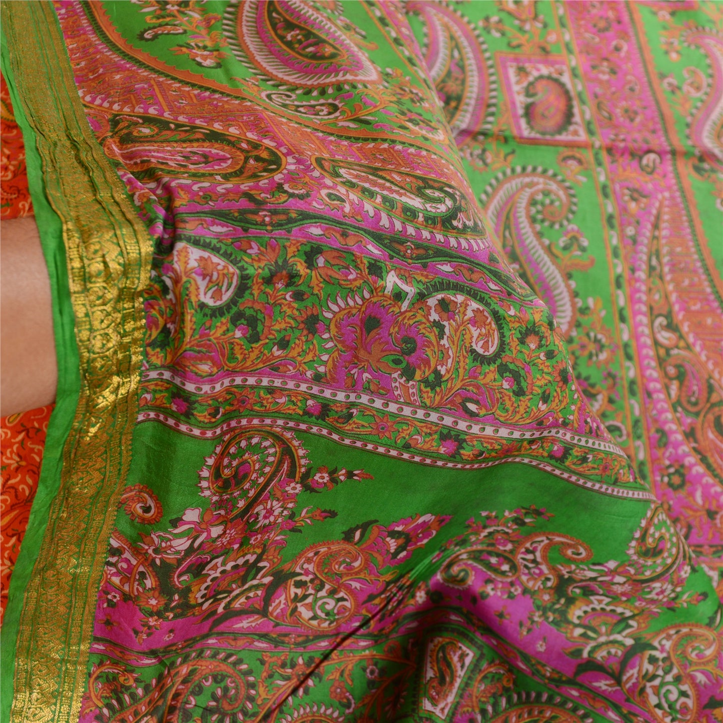 Sanskriti Vintage Sarees Orange Printed Pure Silk Zari Border Sari Craft Sustainable Fabric