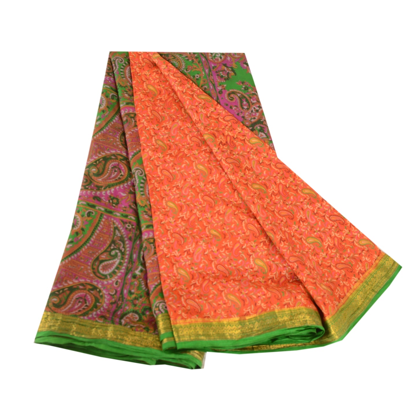 Sanskriti Vintage Sarees Orange Printed Pure Silk Zari Border Sari Craft Sustainable Fabric