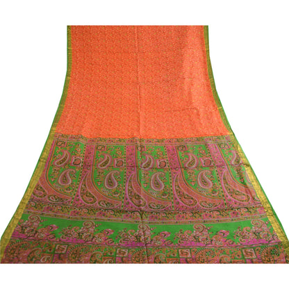 Sanskriti Vintage Sarees Orange Printed Pure Silk Zari Border Sari Craft Sustainable Fabric