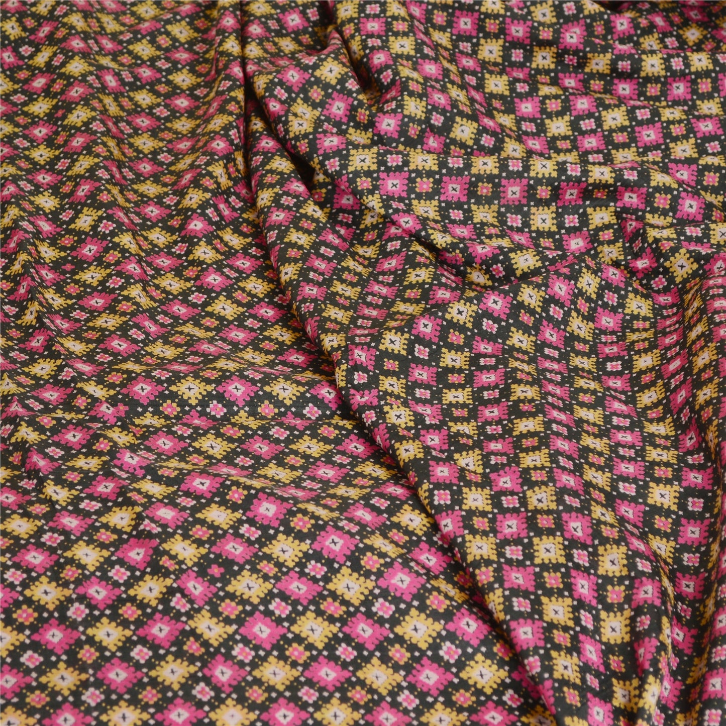 Sanskriti Vintage Sarees Black Quilting FeltingCraft Sustainable Fabric Pure Silk Print Sari