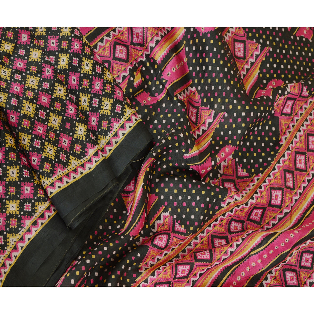 Sanskriti Vintage Sarees Black Quilting FeltingCraft Fabric Pure Silk Print Sari