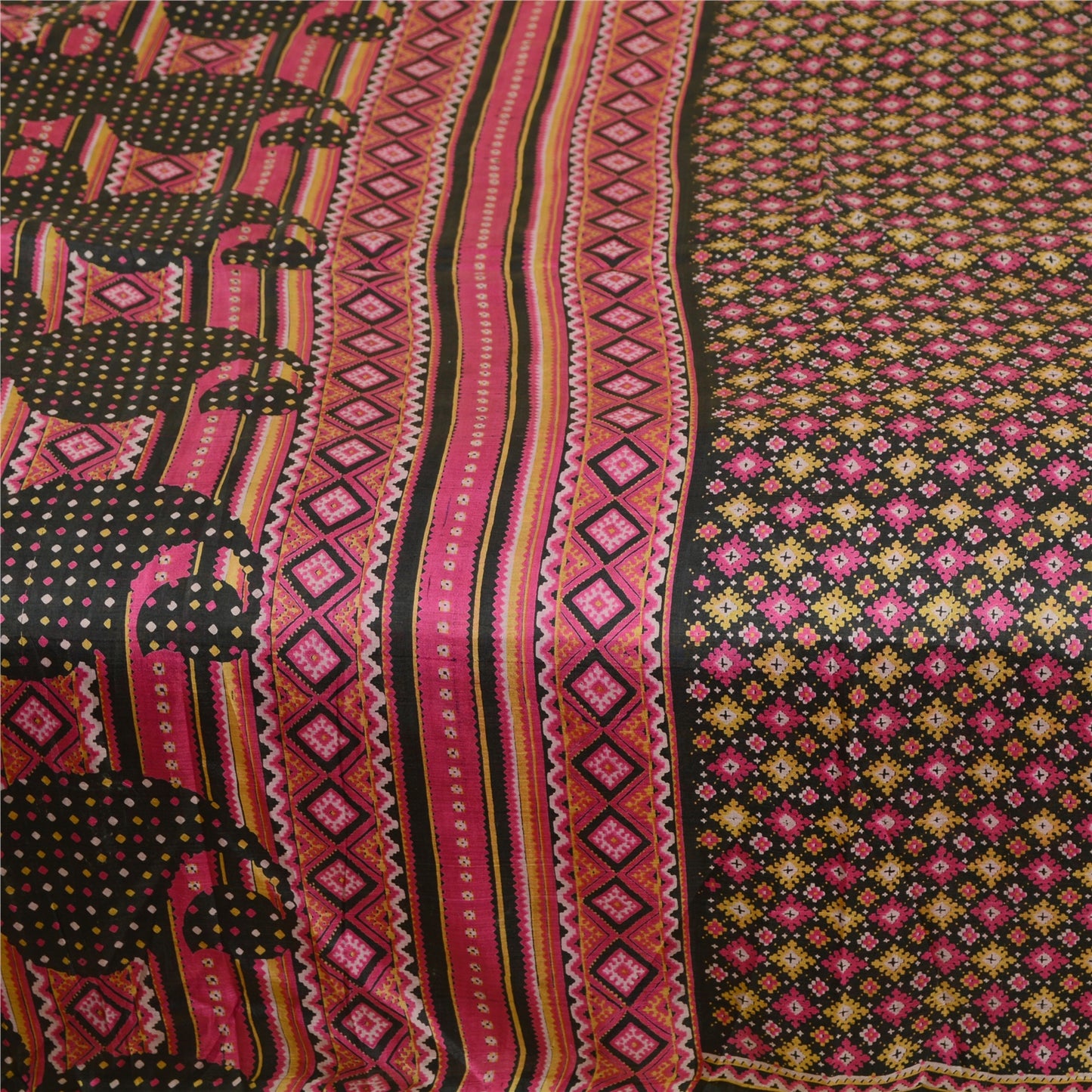 Sanskriti Vintage Sarees Black Quilting FeltingCraft Sustainable Fabric Pure Silk Print Sari