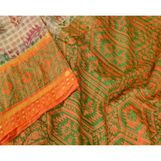 Sanskriti Vintage Sarees Cream Pure Silk Printed Woven Zari Border Sari Sustainable Fabric