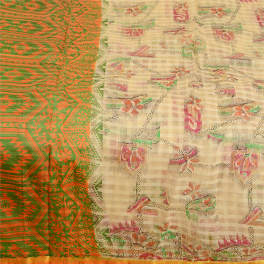 Sanskriti Vintage Sarees Cream Pure Silk Printed Woven Zari Border Sari Sustainable Fabric