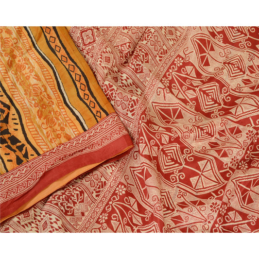 Sanskriti Vintage Sarees From India Saffron Pure Silk Printed Sari Craft Sustainable Fabric