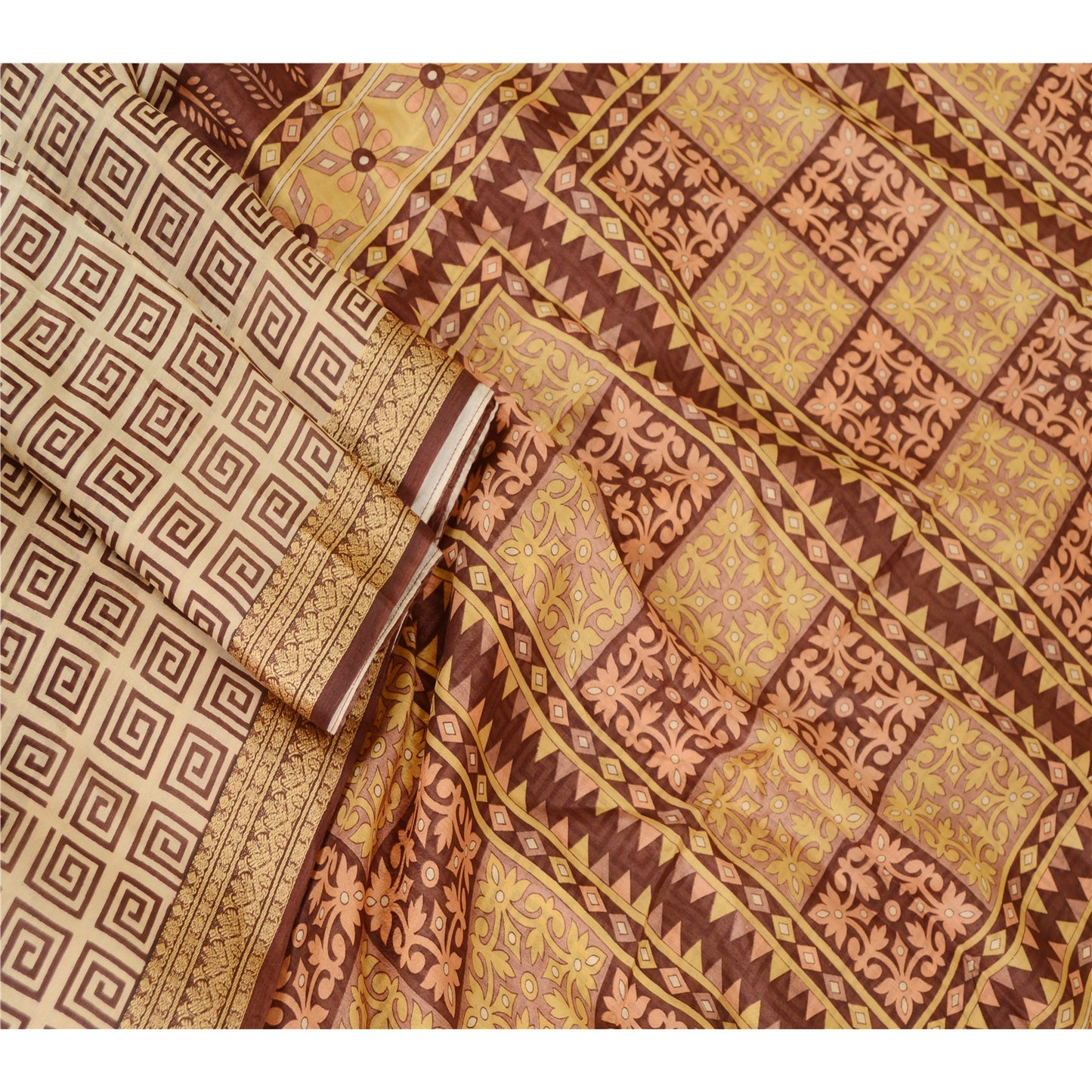 Sanskriti Vintage Sarees Brown Printed Pure Silk Zari Border Sari Craft Sustainable Fabric