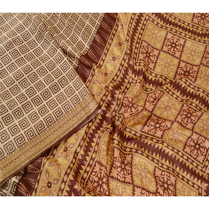 Sanskriti Vintage Sarees Brown Printed Pure Silk Zari Border Sari Craft Sustainable Fabric