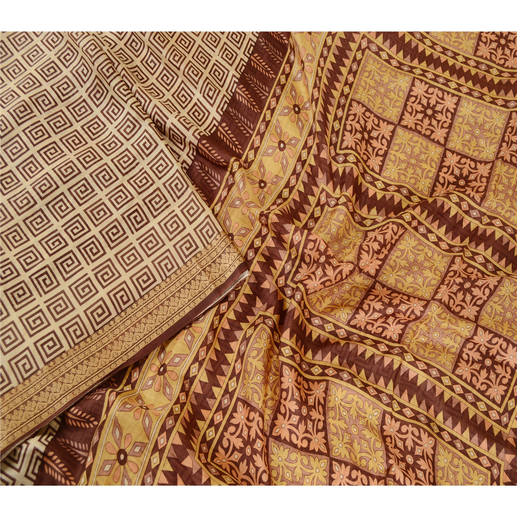 Sanskriti Vintage Sarees Brown Printed Pure Silk Zari Border Sari Craft Fabric