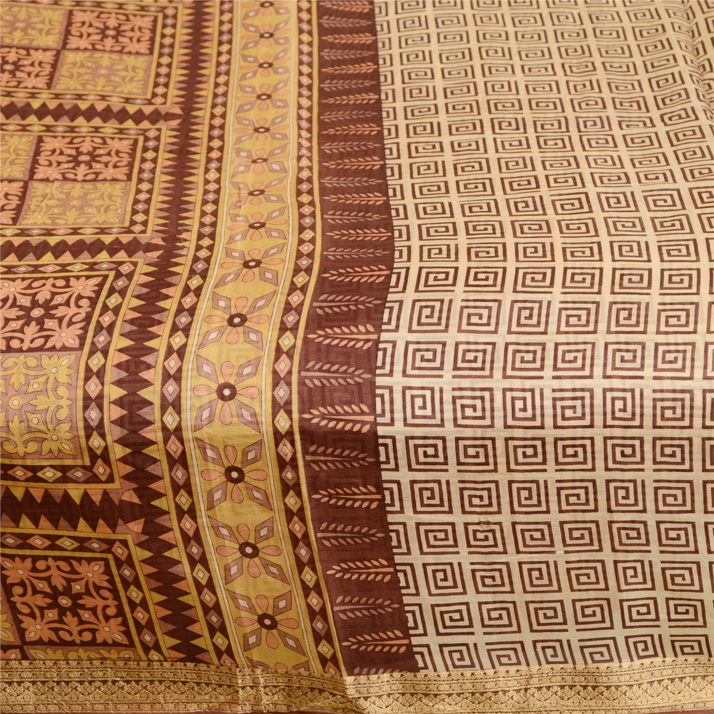 Sanskriti Vintage Sarees Brown Printed Pure Silk Zari Border Sari Craft Sustainable Fabric