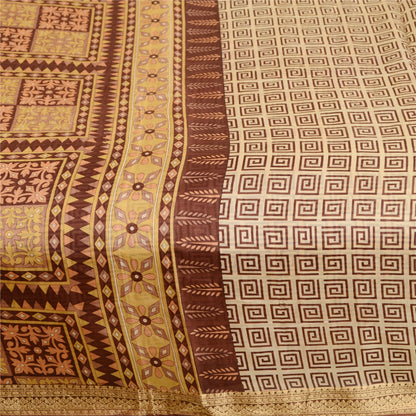 Sanskriti Vintage Sarees Brown Printed Pure Silk Zari Border Sari Craft Sustainable Fabric
