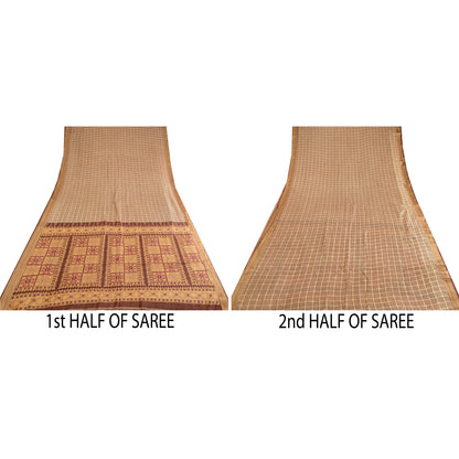 Sanskriti Vintage Sarees Brown Printed Pure Silk Zari Border Sari Craft Sustainable Fabric