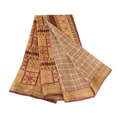 Sanskriti Vintage Sarees Brown Printed Pure Silk Zari Border Sari Craft Sustainable Fabric
