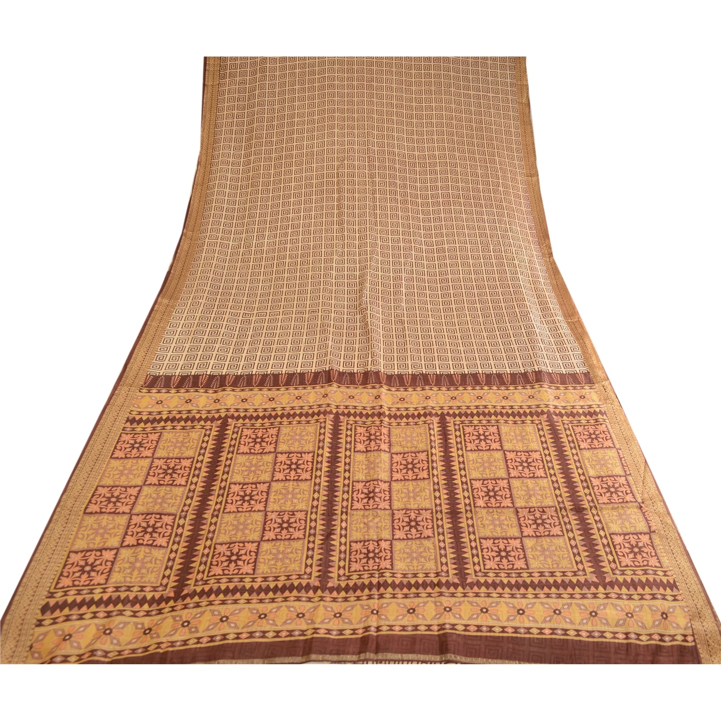 Sanskriti Vintage Sarees Brown Printed Pure Silk Zari Border Sari Craft Sustainable Fabric